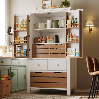 DESMIU Keukenkast - Hoge Opbergkast Met 2 Deuren En 5 Laden - Voor Keuken Eetkamer En Woonkamer - MDF En Metaal - 80x40x140 Cm - Wit
