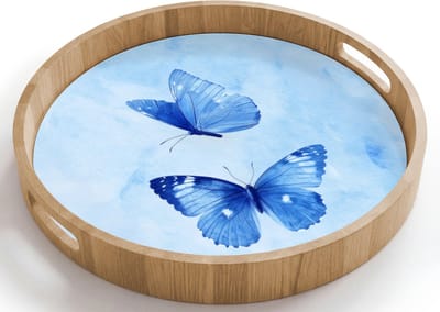 Dienblad rond 40x40 cm - Schootdienblad hout - Vlinders - Sierlijk - Blauw - Borrelplank rechthoek - Plateau houten dienbladen