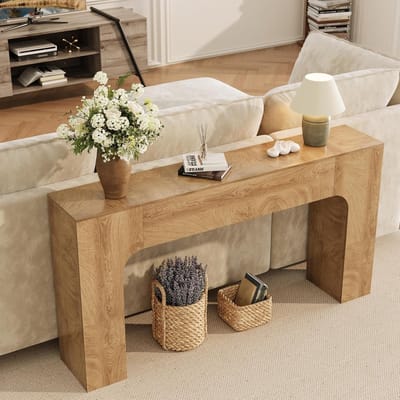 160 cm consoletafel- halmeubel- entreetafel met eiken afwerking- smalle tafel voor hal en woonkamer- moderne achter-de-bank-tafel