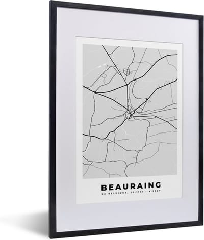 Fotolijst incl. Poster Zwart Wit- Stadskaart – Plattegrond – België – Zwart Wit – Beauraing – Kaart - 30x40 cm - Posterlijst