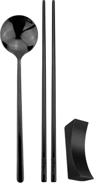 House of Husk 1 Persoons Chopstick Set - 1 Paar Metalen Koreaanse Eetstokjes - Inclusief Eetlepel en Houder - RVS - Metaal - Vaatwasserbestendig - Sushi Chopsticks - Zwart