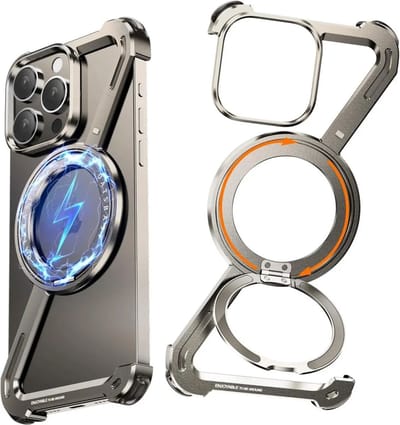 Hoesje Geschikt voor Apple iPhone 16 Pro - Metal Corner Frame Case - Bumper Case - Compatibel met MagSafe - Magnetische Uitklapbare 360° Standaard - Titanium