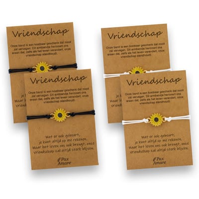 Vriendschapsarmbandjes voor 4 "Vriendschap" - Zonnebloem - BFF Armbandjes met Persoonlijk Cadeau Kaartje - Wit & Zwart met Bloem Hanger - Op Vier Kaartjes- Pax Amare