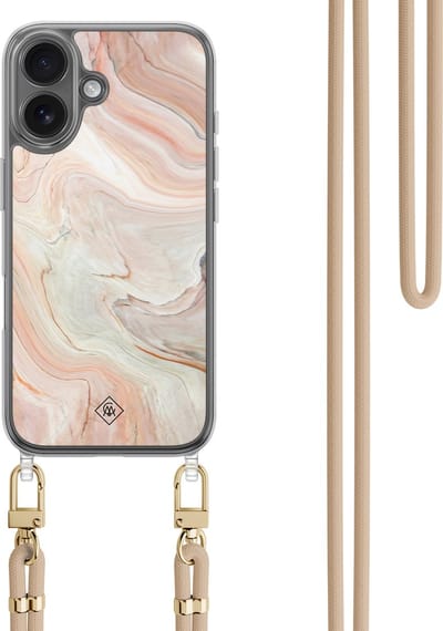 Casimoda® hoesje met koord - Geschikt voor iPhone 16 - Marmer Waves - Afneembaar koord - TPU/polycarbonaat - Multi