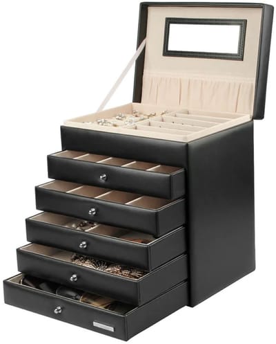 Eleganca Sieradendoos met Spiegel - 24.7 x 17.7 x 28.5 cm - Sieradenhouder met 5 Lades - Juwelenkistje - 6 Niveaus Sieradenbox - Opbergdoos voor Sieraden - Zwart