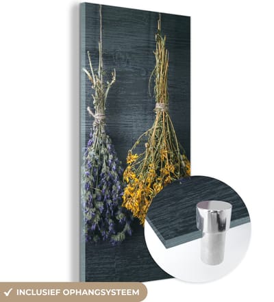 MuchoWow® Glasschilderij 60x120 cm - Schilderij acrylglas - Droogbloemen - Bloemen - Boeket - Stilleven - Touw - Bundel - Foto op glas - Muurdecoratie woonkamer - Wanddecoratie slaapkamer - Schilderijen