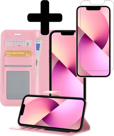 Hoesje - Met Screenprotector - Geschikt voor Apple iPhone 13 Mini - Luxe Pasjeshouder - Bookcase Portemonee - Flip Case - Kunstleer Book Case - Flipcase - Book Cover - Walletcase - Portemonneehoes - Telefoonhoesjes - Lichtroze