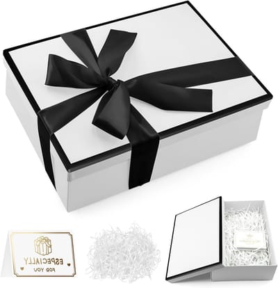 Premium geschenkdoos met deksel, opvouwbaar, 25 x 18 x 9 cm, ideaal voor verjaardag, Valentijnsdag, Kerstmis en trouwdag met strikken en wenskaarten