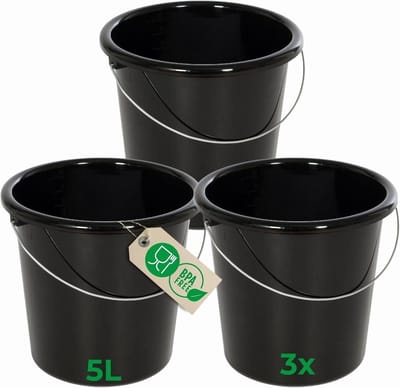 Novaliv 3 stuks emmer 5L zwart met maatverdeling - schoonmaak emmer 5 liter? 22,5 cm Praktische alleskunner met schaalverdeling voor huishouden & tuin ideaal als huishoudemmer, wateremmer, dweilemmer, emmer