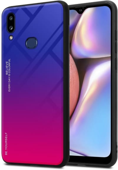 Cadorabo Hoesje geschikt voor Samsung Galaxy A10s / M01s in PAARS - ROOD - Tweekleurige beschermhoes van TPU-silicone Case Cover en achterzijde van gehard glas
