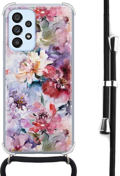 Telefoonhoesje met koord geschikt voor Samsung A53 - Bloemen Acryl - Inclusief koord - Transparant, Roze - - Crossbody beschermhoes - Met Telefoonketting