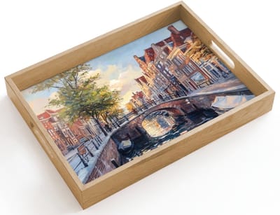 Dienblad hout 40x30 cm - Schootdienblad - Brug - Stad - Huizen - Boot - Borrelplank rechthoek - Plateau dienbladen
