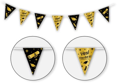 LUQ Vlaggenlijn Graduation Chic – Goud & Zwart Luxe Hangdecoratie – Feestelijke Afstuderen & Geslaagd Versiering
