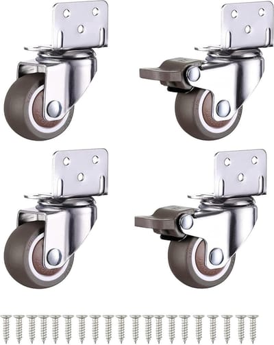 4 stuks - Zwenkwielen - Silent Caster - 2 Met Rem + 2 Zonder Rem - 1,25" - met Schroeven - L-beugel - Rubberen - zilver en bruin - zijmontage - voor meubelpoten