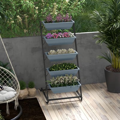 MEUNIQ Plantenstandaard met 5 etages en wielen 65 x 67 x 145 cm, bloemenrek met drainagegaten, stalen frame voor binnen en buiten, grijs