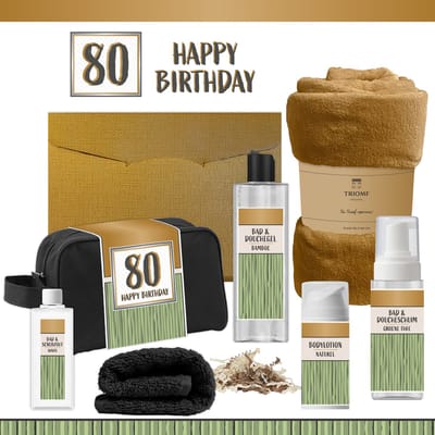Geschenkset “80 Happy Birthday” - 7 producten - 1390 gram | Giftset voor hem - Cadeau Verjaardag Tachtig Man Luxe Wellness Douche Cadeaubox Gefeliciteerd Pakket Geschenk Jarige Cadeaupakket Gift Set Party Eighty Years Zwart Groen Goud