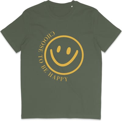 Grappig T Shirt Dames Heren - Choose to be Happy Smiley - Khaki Groen - XS