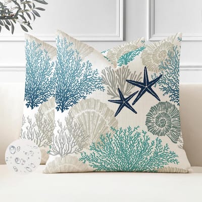 Set van 2 waterdichte kussenhoezen, voor buiten, 40 x 40 cm, maritieme zeester, kussenhoezen, weerbestendig, zomer, bekleding, oceaan, strand, decoratieve sierkussenhoezen voor bank