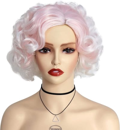 Lichtroze Korte Krullende Haarperuc voor Vrouwen, Wit Ombre Cosplay Peruc met Gelaagde Golven, Perfect voor Feestjes en Halloween Kostuums