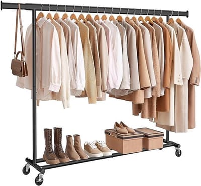 NaevaMi Kledingrek op Wieltjes - Heavy Duty Verrijdbaar Kledingrek - Garderoberek - Verstelbare kledingstang - Uitschuifbare Kledingstang - Lengte Kledingrail: 160-200 cm - Verstelbare Hangstang - Stabiel tot 150 kg - Zwart