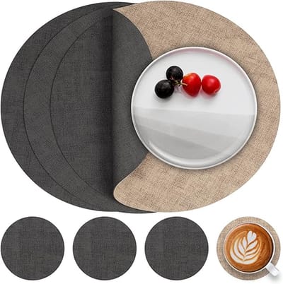 Famanu synthetisch materiaal Placemat Rond en Onderzetters, Tafelmatten Waterdichte Afveegbare Dubbelzijdige Plaats Matten Koffiematten Antislip Wasbare Placemats en Coaster (Grijs Beige, Sets 4)