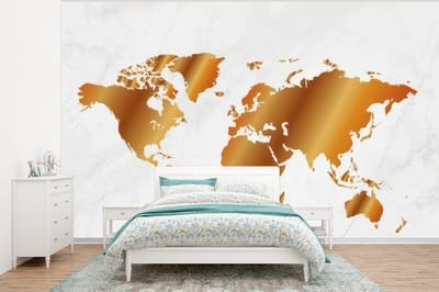 Behang - Fotobehang Wereldkaart - Marmer - Goud - Breedte 320 cm x hoogte 240 cm