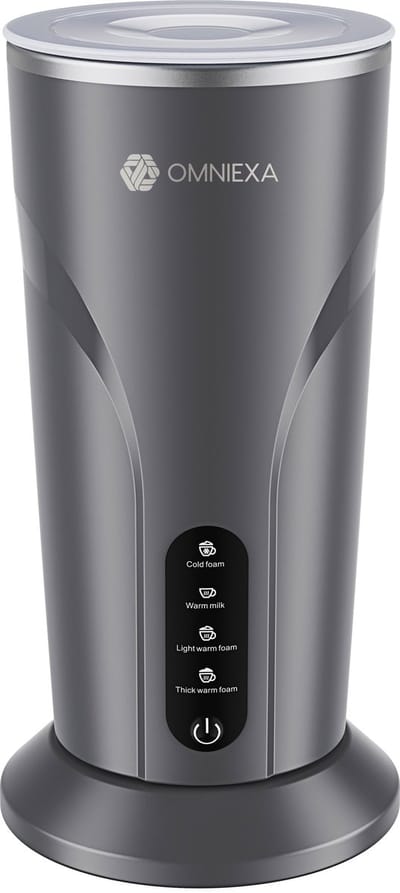 Omniexa Elektrische Melkopschuimer – 300ml - 4-in-1 Draadloos & Stil – Warm & Koud Melkopschuim – Luxe Barista Melkopschuimer met Warmhoudfunctie - Grijs