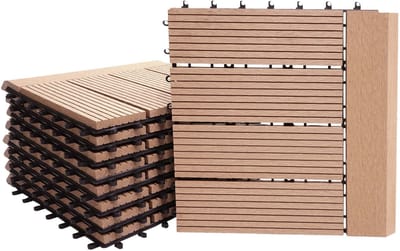 WPC vloertegel Rhone + afwerking, houtlook balkon/terras, 11x elk 30x30cm = 1m² Premium ~ teak lineair horizontaal