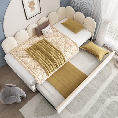 Sweiko Slaapbank - 90x200 cm - met Uitschuifbed - Kinderbed - Velvet - Zonder matras - Beige