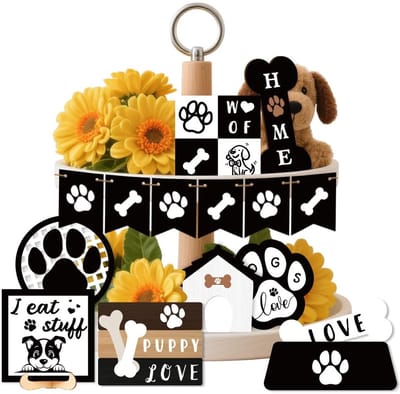 Dailygoods- Hondendienblad 16 Stuks - Houten Decoraties - Tafelblad Decor - Boerderij Tafelblad - Hondenliefhebber Geschenken - Diverse Patronen - Tafeldecoratie