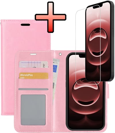 Hoesje - Met Screenprotector - Geschikt voor Apple iPhone 16e / 17e - Luxe Pasjeshouder - Bookcase Portemonee - Flip Case - Kunstleer Book Case - Flipcase - Book Cover - Walletcase - Portemonneehoes - Lichtroze