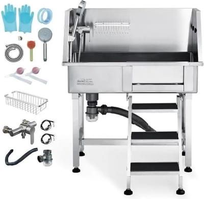 Collox Hondenbad - Wastafel - Hondentrimmer - Professioneel Luxe Hondenbad – Afvoer Kit – Warm & Koud Water Slangen - Afvoerleiding – Rechtshandig – Hondentrimmer - RVS