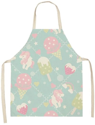 Dailygoods - YNR Sweet Dreams Keukenschort, pastel mintgroen met eenhoorn en ijspatroon, katoenen canvas, verstelbare nekriem, koken en bakken