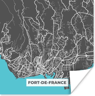 Poster Kaart - Frankrijk - Stadskaart - Plattegrond - Fort-de-France - 100x100 cm XXL