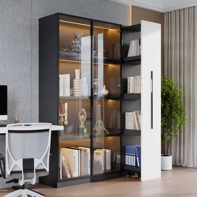 Multifunctionele kast 110,5x35x160 cm - vitrinekast met glazen deuren en LED's - zijwaarts trekkend - rolkast - wit en zwart design