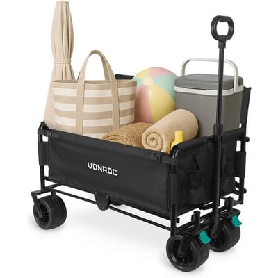 VONROC Bolderkar – Met zitfunctie – Opvouwbaar – 120 kg draagvermogen – 115l inhoud – Massieve anti-lek wielen – Stevig stalen frame – Polyester 600D - Zwart
