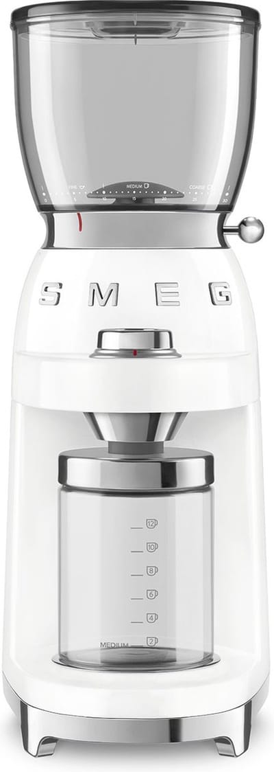 SMEG CGF11WHEU Elektrische Koffiemolen - Koffiebonenmaler - 30 Maalstanden - RVS Kegelmaalwerk - 350g Bonenreservoir - Voor Espresso, Filterkoffie & French Press - '50s Style - Wit