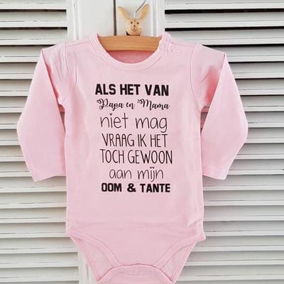 Rompertje baby met tekst cadeautje meisje zwangerschap aankondiging Als het van papa en mama niet mag vraag ik het toch gewoon aan mijn oom en tante | Lange mouw | roze | maat 62/68