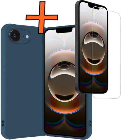 Hoes - Met Screenprotector - Geschikt voor Apple iPhone 16e - Sterk & Shockproof - Back Cover - Siliconen Case - Telefoon Hoes - Donkerblauw