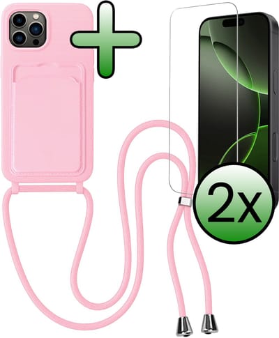 Hoes Geschikt voor iPhone 16 Pro Max Hoesje Pas Houder Case Hoes Met Koord Met 2x Screenprotector - Hoesje Geschikt voor iPhone 16 Pro Max Hoes Met Telefoonkoord Pasjeshouder Cover - Lichtroze