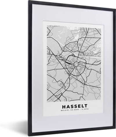 Fotolijst incl. Poster Zwart Wit- Plattegrond – Hasselt – Zwart Wit – Stadskaart - Kaart - 30x40 cm - Posterlijst