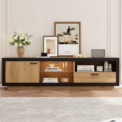 MODFU - TV-Meubel - Met Ledverlichting En Opbergruimte - Modern - Voor Woonkamer Of Slaapkamer - Spaanplaat En Gehard Glas - Zwart Eiken - 160x40x50 cm