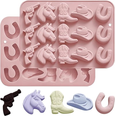 Cowboy Chocolade Mal voor Dubbele Poeder, Snoepvormen voor Western Thema Feest, IJsblokjes, Cupcake Decoraties en Bakvormen in Hoed, Laars en Zadel Vorm