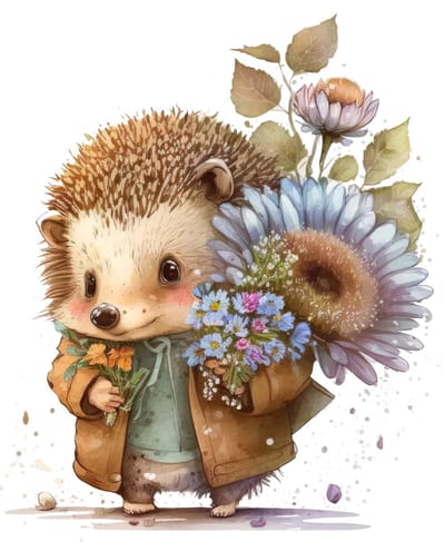 Poster egel met bloemen-posters-A4 formaat-watercolours spring-winter animals-dieren-kinderkamer accessoires-babykamer accessoires