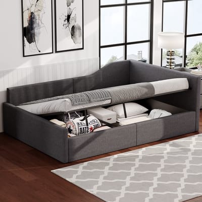 MIVRAY Gestoffeerd Dagbed 140x200 Cm - Met Opbergruimte Onderbed - Met Rugleuning En Armleuning - MDF En Multiplex - Grijs