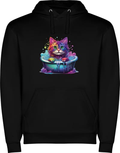 Zwarte unisex hoodie met “ Kleurrijke Poes in badkuip met veel schuim – schattig “ Print Full Color Color merk Roly maat S