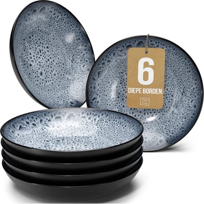 Pure Living Ibiza Dark Set Van 6 Diepe Borden - Ø 20 cm - Rookblauw - Aardewerk - Vaatwasserbestendig - Magnetronbestendig