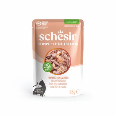 Voordeelpakket: 24x85g Schesir Complete Nutrition filet in gelei tonijn met zalm natvoer voor katten