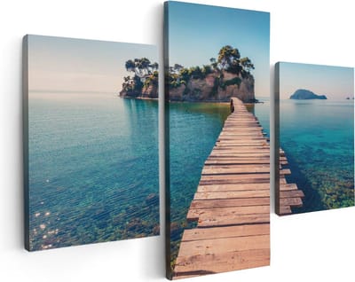 Artaza Canvas Schilderij Drieluik Pad Op Het Water Naar Een Grieks Eiland  - 90x60 - Foto Op Canvas - Canvas Print
