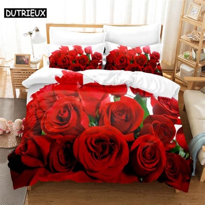 3D Rode Roos Print - 3-delige Dekbedovertrek Set, Verkrijgbaar in King, Queen, Full, Eenpersoons & Tweepersoons Maten US Full(200x230cm)&Duvet Cover